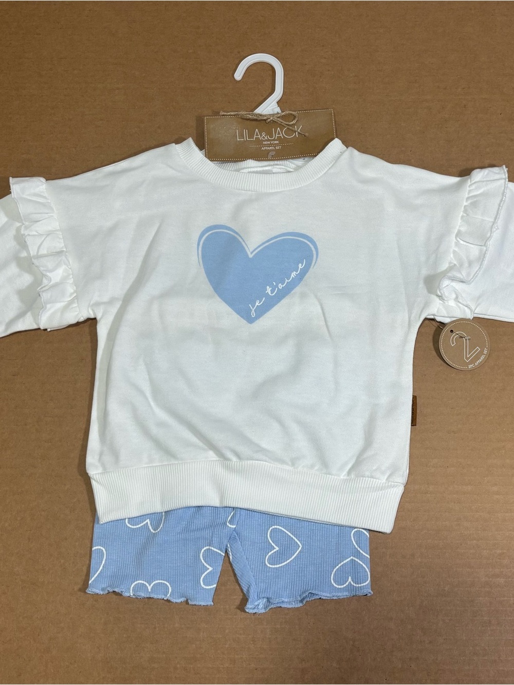 Lila & Jack Girls 3T 2-Piece Set White Ruffle Sweatshirt Blue Heart Shorts